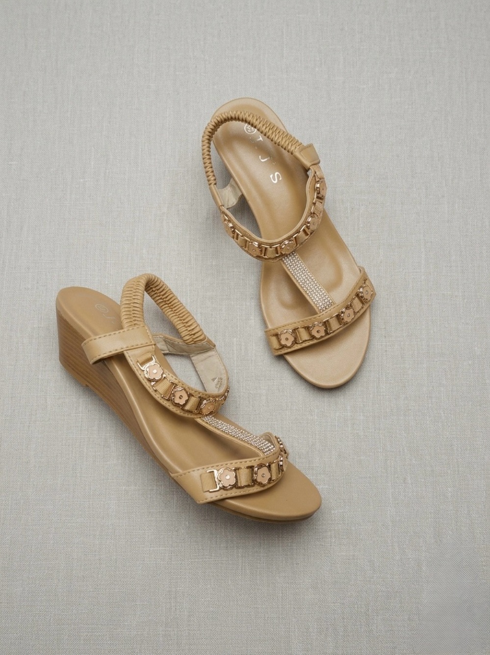 Comfort Stretch Tan T-Strap Embellished Sandals
